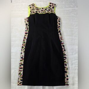 Elie Tahari Black Sheath Dress with Neon Animal Print Panels - Size 12